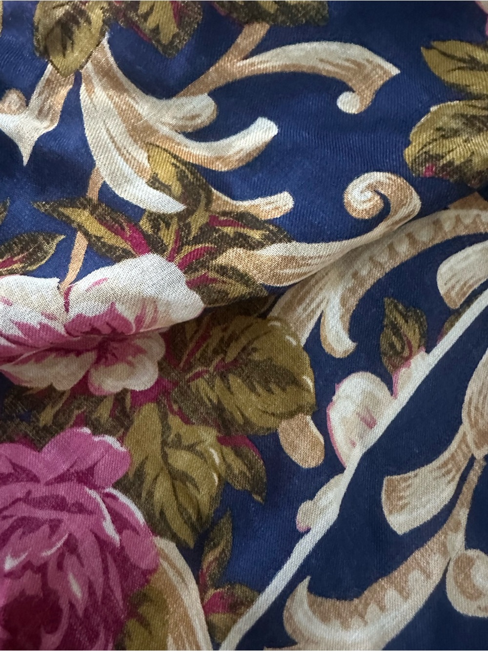 Floral Scroll Navy Blue Fabric Piece with Pink Roses